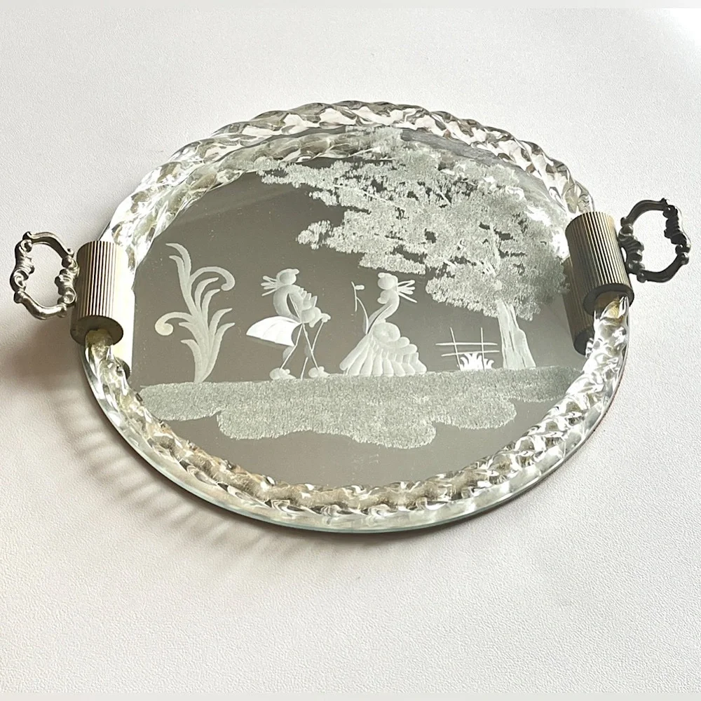 SOLD Vintage Venetian Glass Etched Mirror Tray Vanity Serving Ercole Barovier - Picture 2 of 7